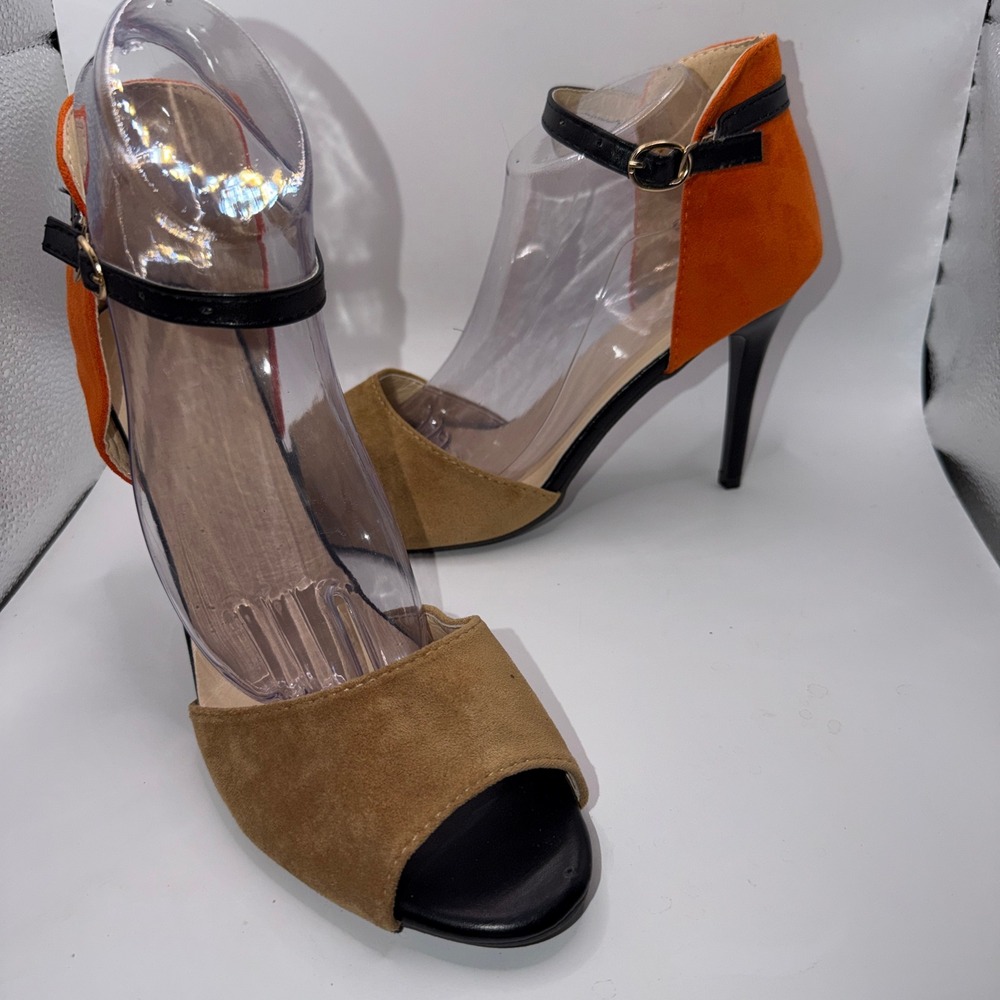 Unbranded Womens 11 Color Block Tan Orange Ankle Strap Stiletto Heels Retro Chic